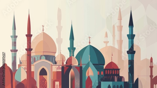 Ramadan Kareem greeting card with mosque silhouettes.