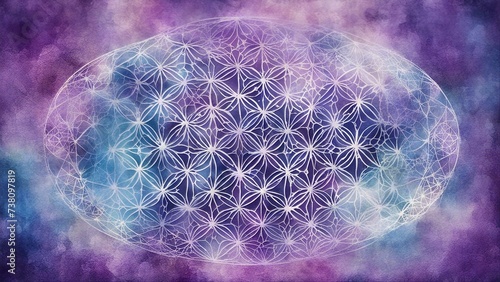 background with globe _A blue and purple watercolor sacred geometry illustration of the flower of life on a textured background  photo