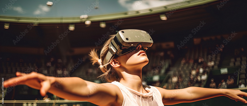 Female Tennis Player in Virtual Reality Gear, a Clay Court  - obrazy, fototapety, plakaty 