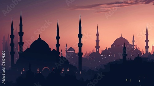 Silhouette of mosque and city at sunset.