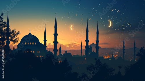 Ramadan Kareem background with mosque at sunset.