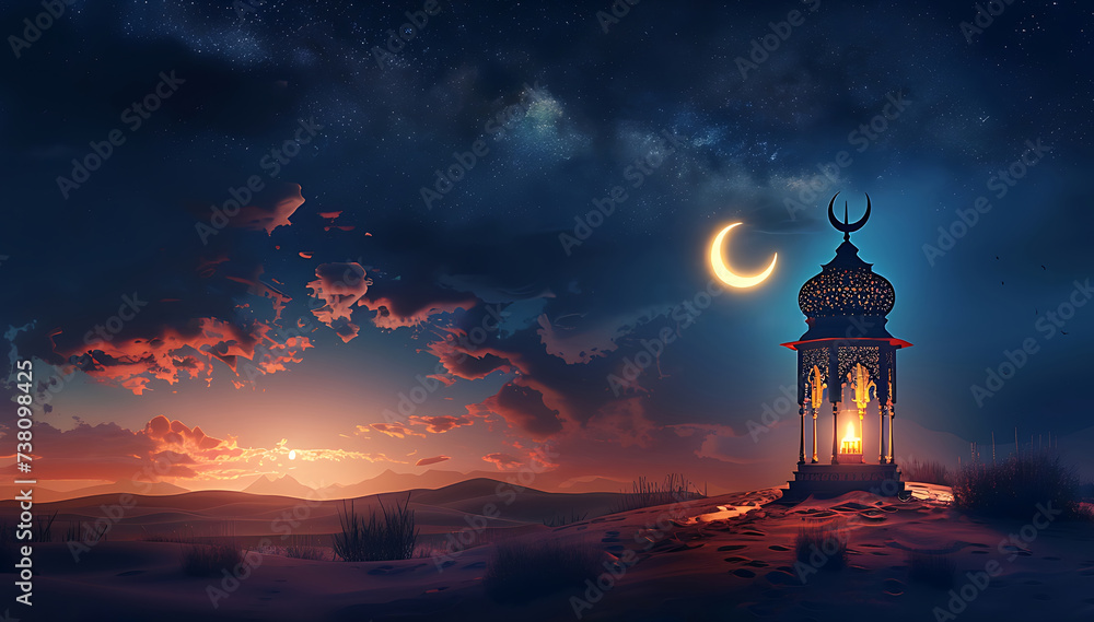 Lanterns stands in the desert at night sky, lantern islamic Mosque, crescent moon Ramadan Kareem themed