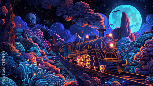 Design an intricate illustration featuring a vintage train with neon accents traveling through a surreal dreamlike landscape photo