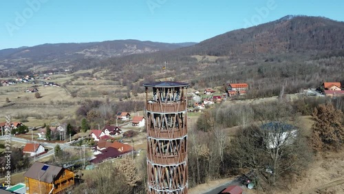Aerial footage of the tourist observation tower in Sovata resort - Romania photo