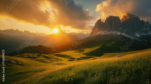 Beautiful cinematic shot of the sunset sky while golden hour over mountains and green hillside