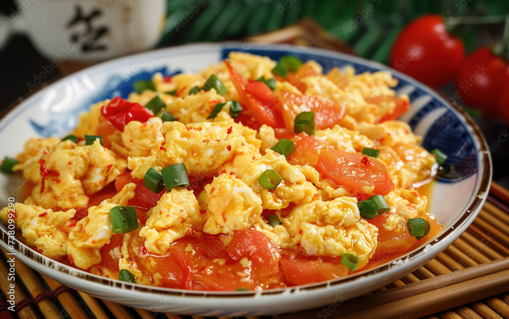 A plate of scrambled eggs with tomatoes,created with Generative AI tecnology. A plate of scrambled eggs with tomatoes,created with Generative AI tecnology.