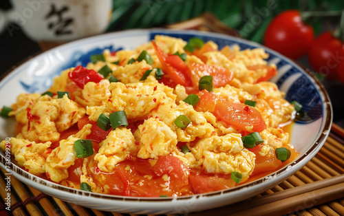A plate of scrambled eggs with tomatoes,created with Generative AI tecnology.