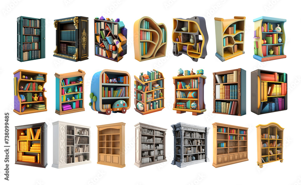 3D Rendering Pack of a Books Cupboard on Transparent Background - Ai Generated