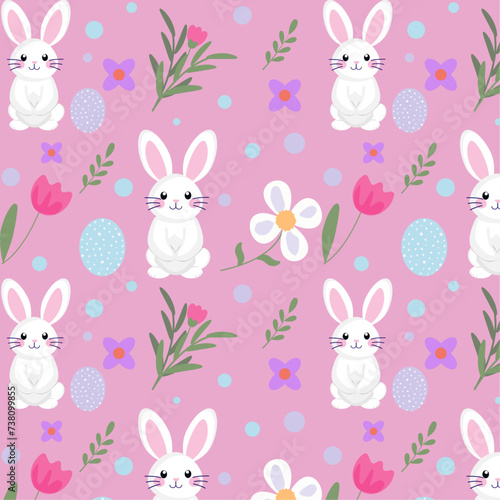 Happy Easter vector seamless pattern with cute rabbits and flowers