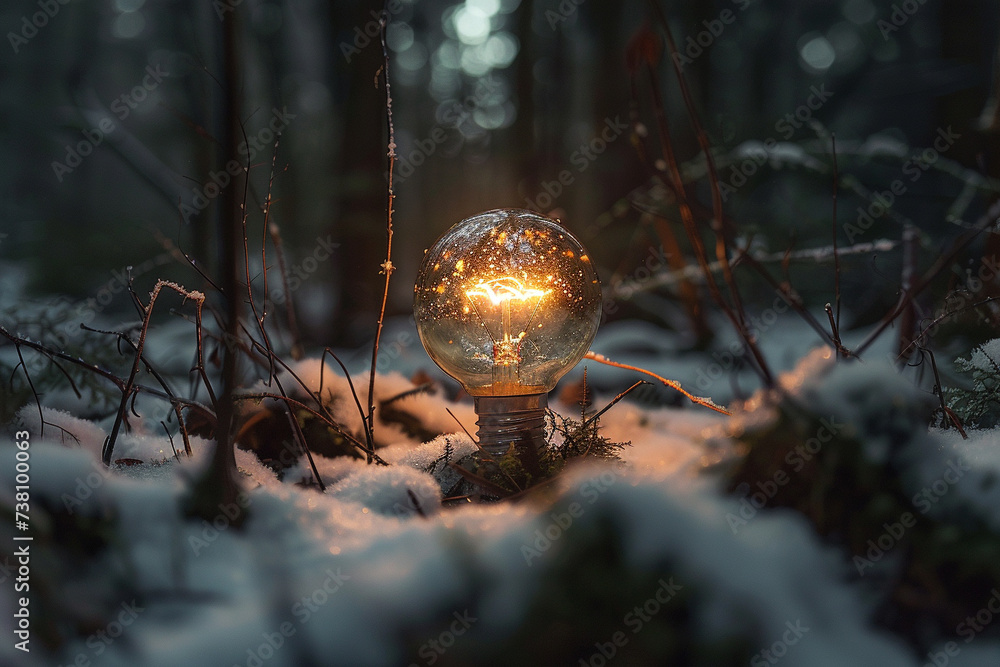 Obraz premium light bulb in snowy winter forest scenery. ecology and green energy concept. generative ai.