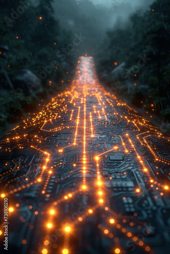 Delve into the intricate world of data connections with glowing computerchips on a glossy black plane. AI generative.