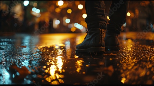 Close-up of boots on a wet city street with reflections of night lights. Rainy evening walk in urban setting, focusing on waterproof footwear and street reflections.