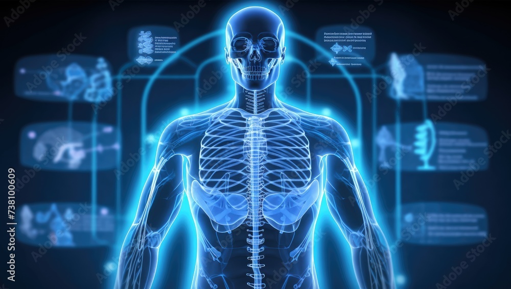 Futuristic tech medical HUD interface, human body background physiology, virtual graphic touch UI with brain scan, heart scan, DNA, human body, molecules and electrocardiogram.