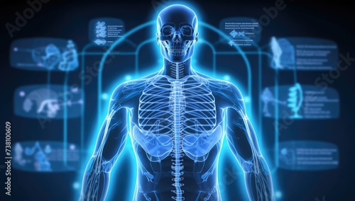 Futuristic tech medical HUD interface, human body background physiology, virtual graphic touch UI with brain scan, heart scan, DNA, human body, molecules and electrocardiogram.