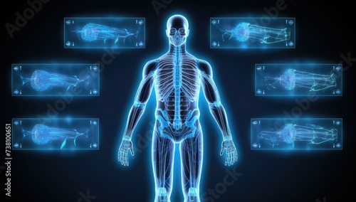 Futuristic tech medical HUD interface, human body background physiology, virtual graphic touch UI with brain scan, heart scan, DNA, human body, molecules and electrocardiogram.