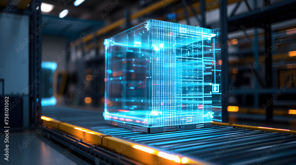 High Tech Container Hologram of the futuristic international logistic system. A neon-lit ...