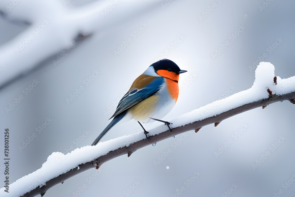 Small Bird Perched on Snow-Covered Branch Small Bird Perched on Snow-Covered Branch