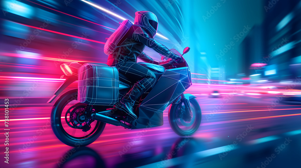 Hologram of futuristic logistic system. A neon-lit, high-tech delivery motorcycle with a biker. Glowing streaks accents speed as a background. Vivid purple and blue color scheme. Back view.