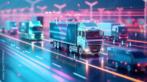 Hologram of futuristic logistic system. Neon-lit, high-tech trucks with glowing streaks accents speed are driving on a highway. Vivid purple and blue color scheme.