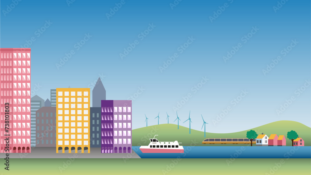 Landscape society, environment with  electric train, boat, ferry and wind power.