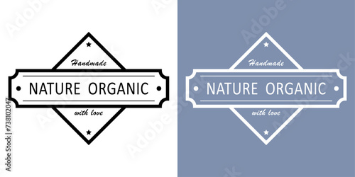 Vector illustration of an icon for handmade natural products, organic origin, package design, white and black options, in the shape of a rectangle and rhombus