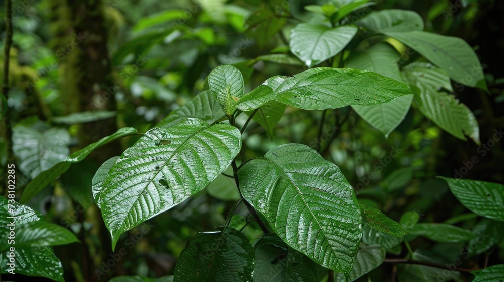 Lush green jungle leaves with water droplets.