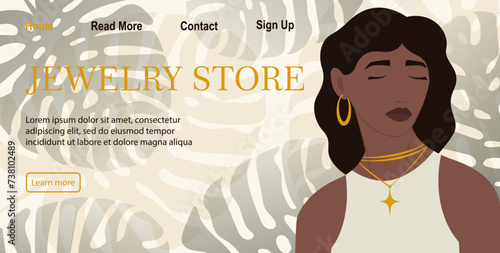 Minimalistic banner for online jewelry store. Elegant girl with earring and floral background.