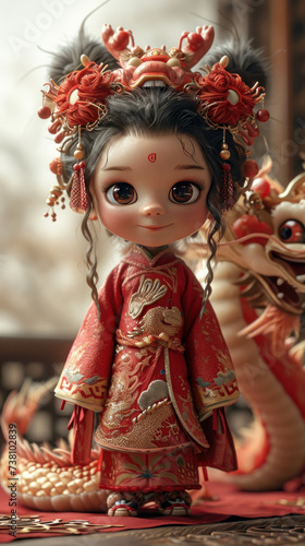 Symbolic image of a red dragon and a girl in hanfu, perfect for festive occasions. Congratulation. AI generative.