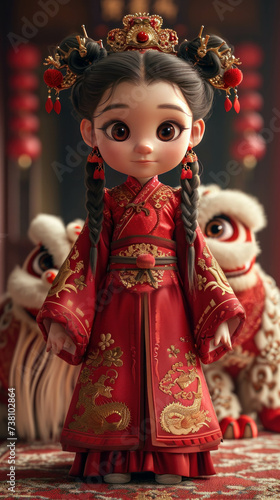 Traditional Chinese celebration with a red dragon and a little girl in hanfu attire. Congratulation. AI generative.