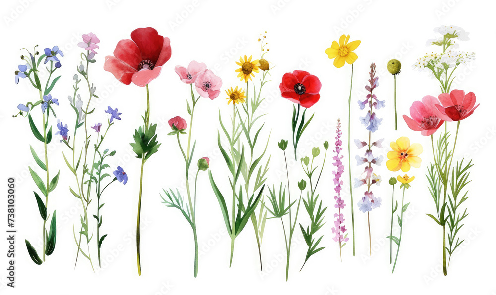 Wild flowers set, watercolor digital illustration. Perfectly for poster, card design. Mother's Day, Birthday, Valentine's day decoration