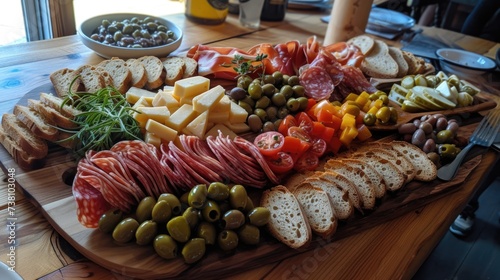 Assorted charcuterie and cheese board with grapes, salami, ham, crackers, and nuts.