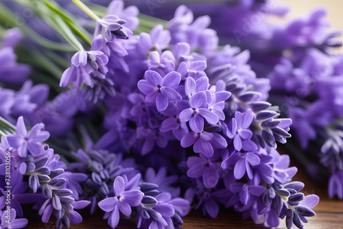 A Bunch of Purple Flowers on a Wooden Table