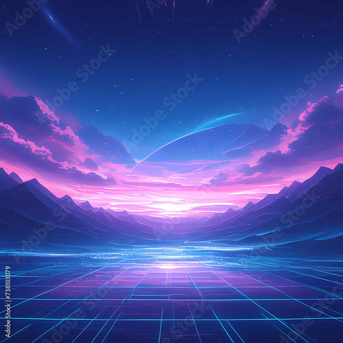 Neon Futuristic Landscape with Starry Sky and Serene Lake