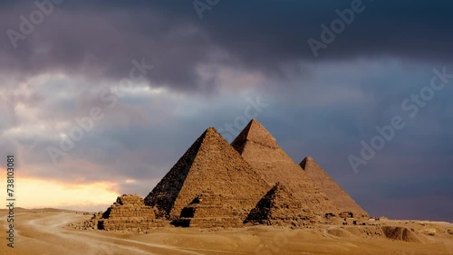 Timelapse of sunset at Pyramid complex of Giza, in Cairo, Egypt. photo