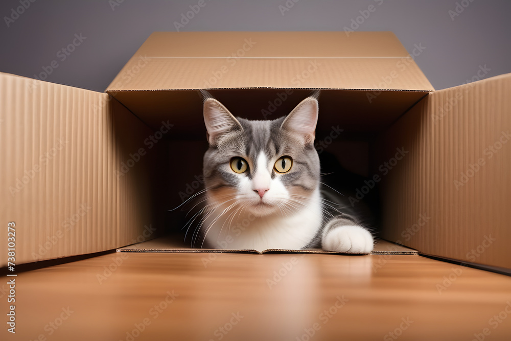 Gray and White Cat Sitting Inside Cardboard Box