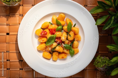gnocchi in a white plate on orange braided background with green leaves.top view