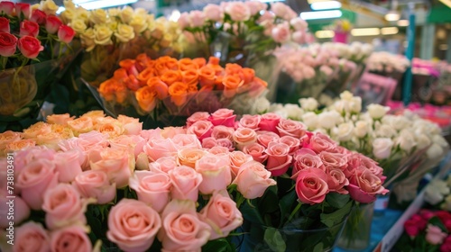 Fototapeta Naklejka Na Ścianę i Meble -  Assortment of fresh roses at a flower market. Perfect for concepts of floristry, romance