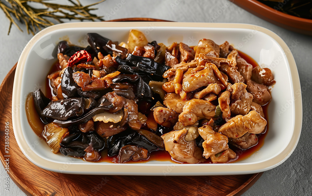 Fototapeta premium A plate of Mushu meat,created with Generative AI tecnology.