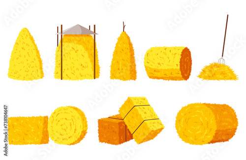 Collection of hays. Flat illustration dried haystacks with fork. Rolls of hay. A supply of feed for livestock, the object of agriculture. Farm straw bale nature agriculture photo