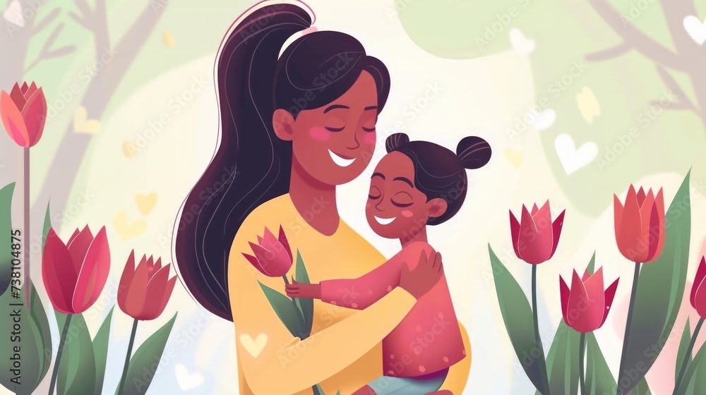 Mother and daughter illustration with tulips. Mother's Day concept. Mother and daughter illustration with tulips. Mother's Day concept.