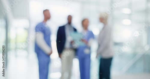 Pharmaceutical representatives, teamwork or nurse in hospital blur for medicine update or schedule planning. Doctors, meeting or healthcare medical officers speaking of research report news together photo