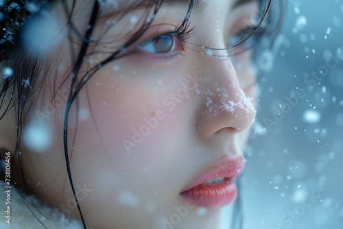 雪の中の美しいモデル Model, Skincare model and snow. Snowfall.