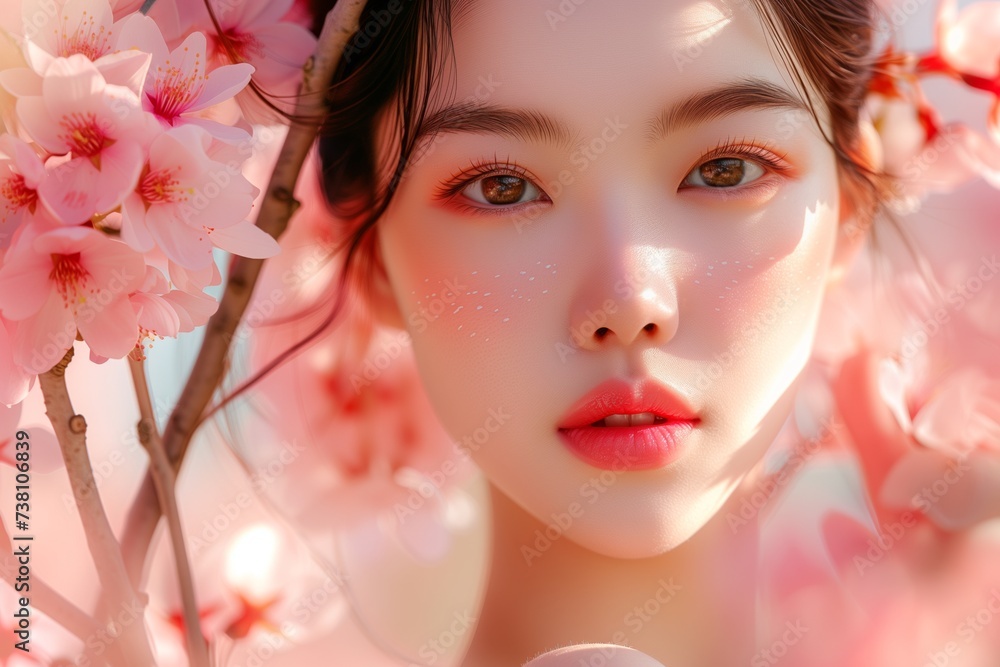 Skincare model in cherry blossom fields. Closeup photo of a japanese skincare model with cherry blossom flowers. Sakura. Senbonsakura.
