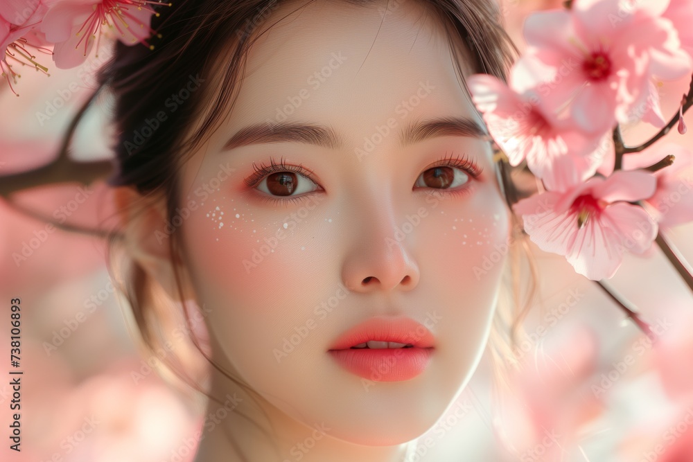 Skincare model in cherry blossom fields. Closeup photo of a japanese skincare model with cherry blossom flowers. Sakura. Senbonsakura.