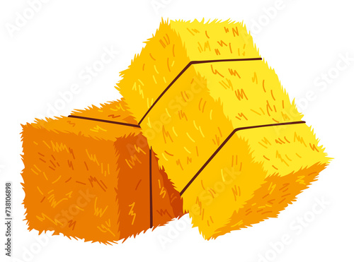 Golden color bale of hay. Bale of hay or straw isolated on white background. Flat dried haystack, farming haymow bale hayloft, agricultural rural haycock photo