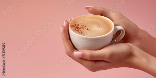 Cup of coffee in woman s hands. A model is holding a cup of coffee  facing the camera in a colorful studio environment.