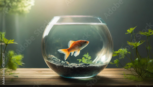 Tranquil fish bowl scene with one fish  clean backdrop  and sunlight streaming in