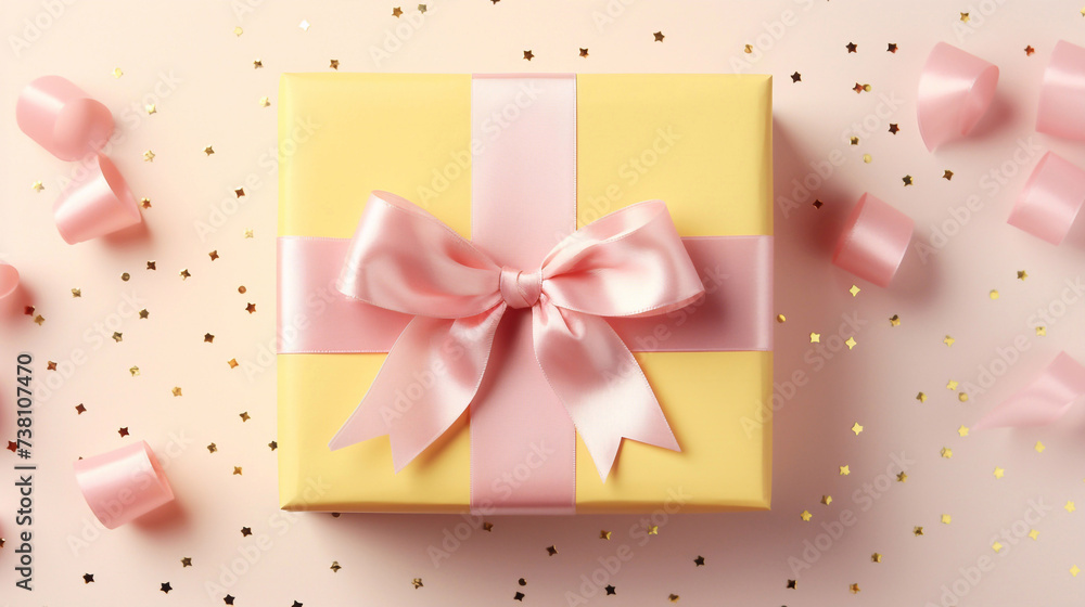 A beautiful yellow giftbox with a pastel pink bow on a pink color background with sequences of confetti and ribbons. A beautiful yellow giftbox with a pastel pink bow on a pink color background with sequences of confetti and ribbons.