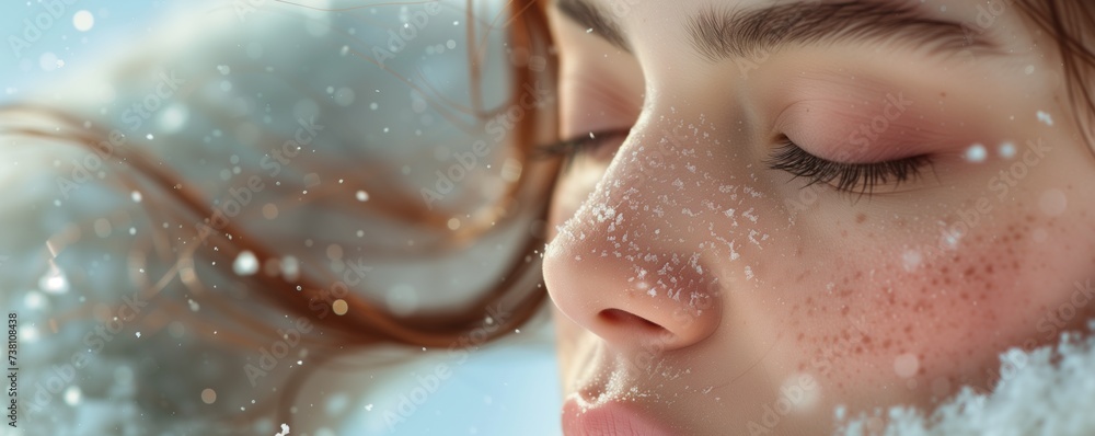 Skincare Model. Make up model closeup photography. Beauty model photography in snowy weather. Winter Skincare model. Skincare Model. Make up model closeup photography. Beauty model photography in snowy weather. Winter Skincare model.