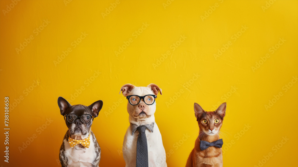 funny cat and dogs in a tie, glasses on a gray background. animal with glasses look at the camera. An unusual moment full of fun and fashion consciousness. Business through the eyes of animals - obrazy, fototapety, plakaty 